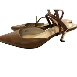 Ann Taylor dress shoes brown leather pointy toe low, gold heels strappy